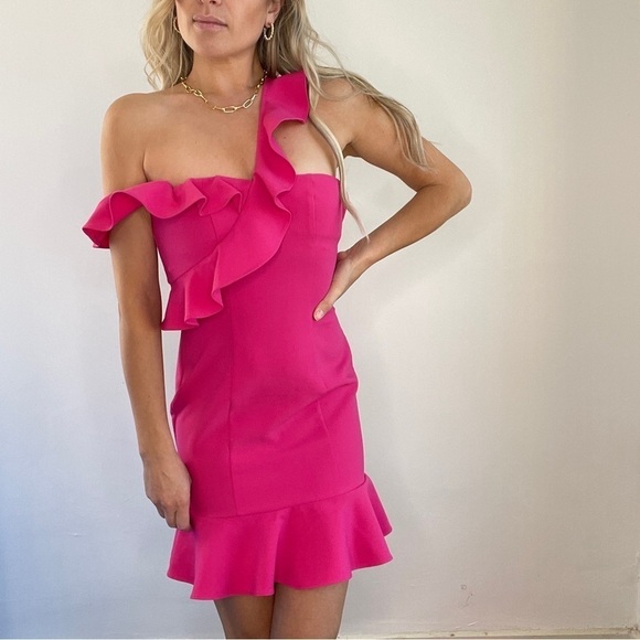 Revolve Likely Hot Pink Fuchsia Ruffle Norvina One Shoulder Dress - Picture 8 of 16